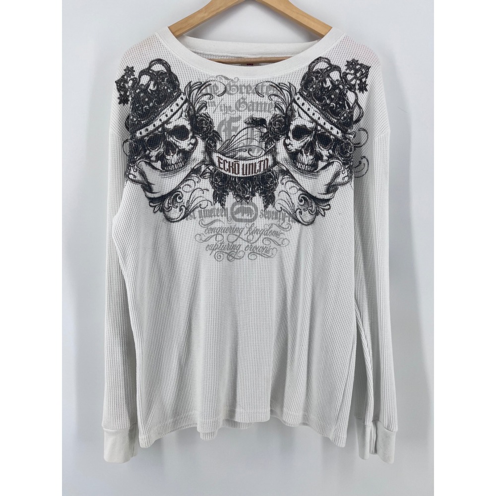 Ecko Unltd Mens White Thermal Shirt Skulls Roses Graphic Y2K Sleeve L  Grunge